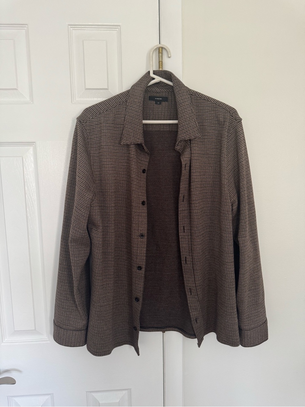 Vince Houndstooth Brown Cotton Blend Button Up Shirt Regular Fit, Sz Large